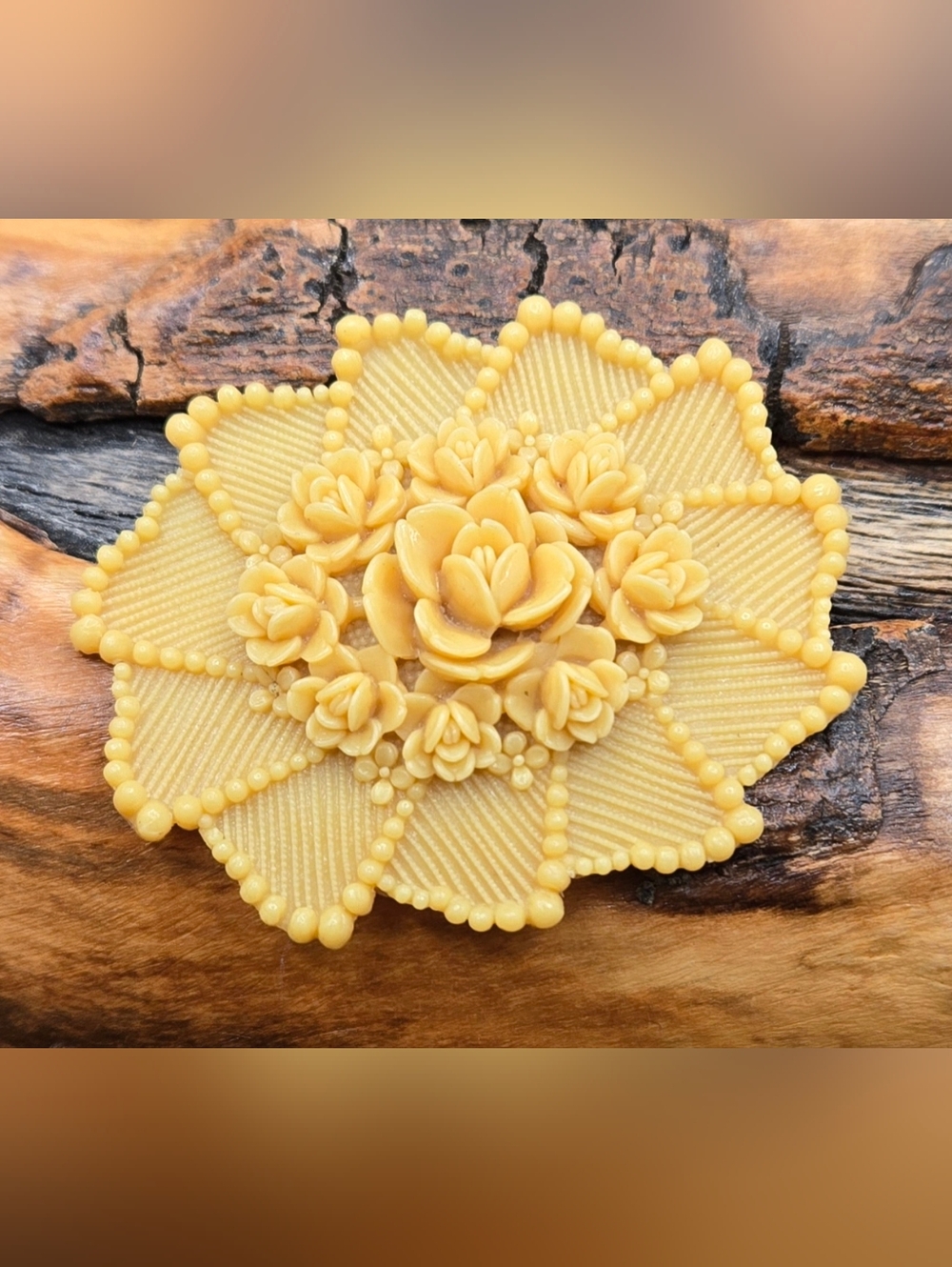 Floral Celluloid Brooch - Vintage Yellow Roses 2" X 1¾"